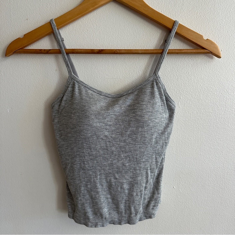 Grey Ribbed Spaghetti Strap Built In Bra Tank Top